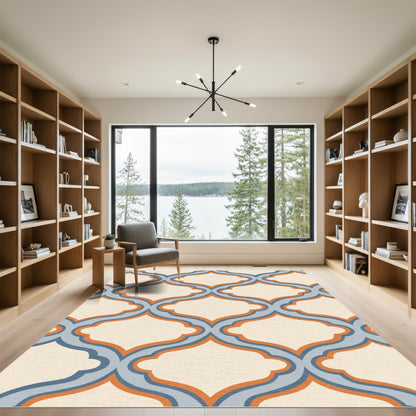 Classic Cream Blue Orange Arabesque Trellis Rug
