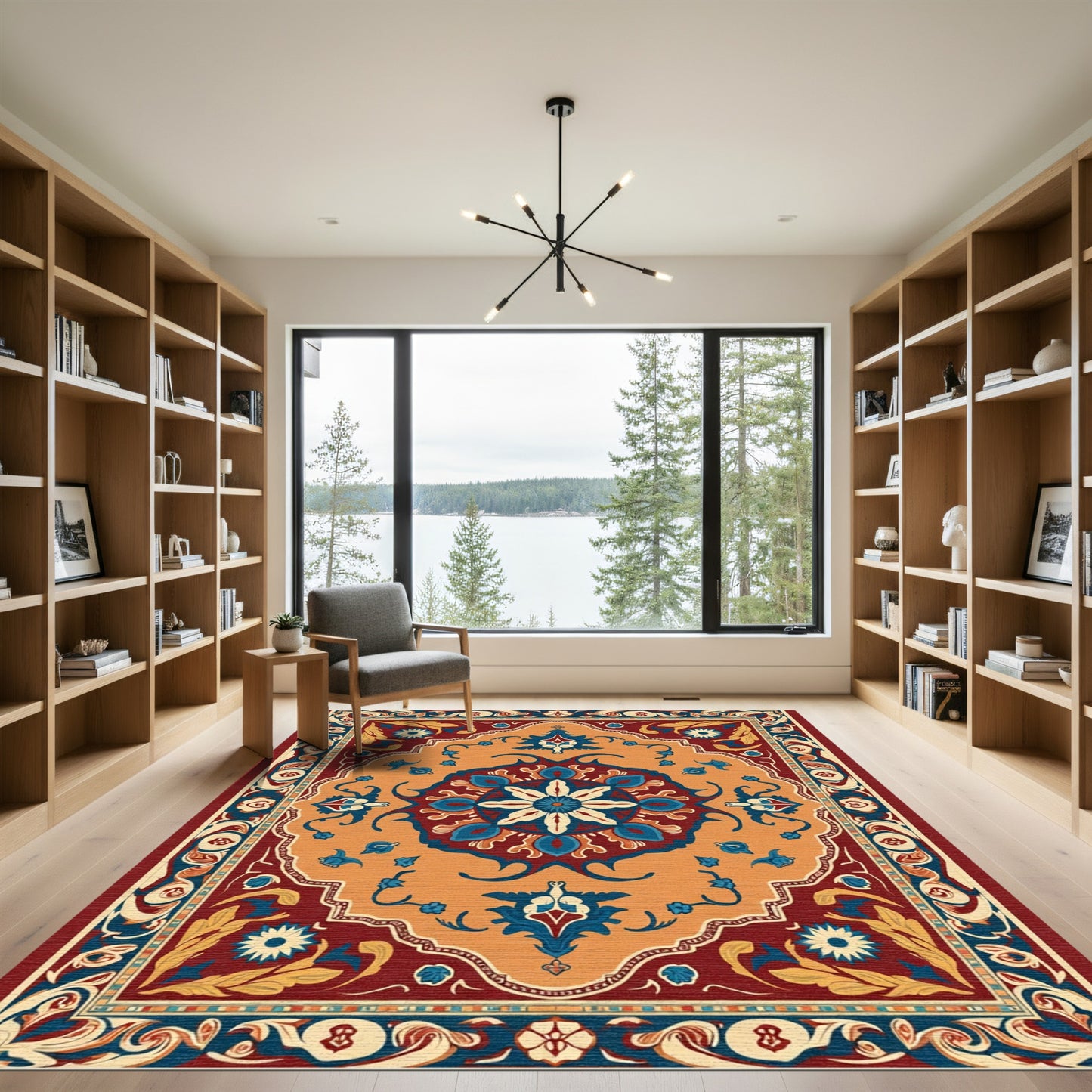 Deep Red Blue Orange Floral Medallion Rug