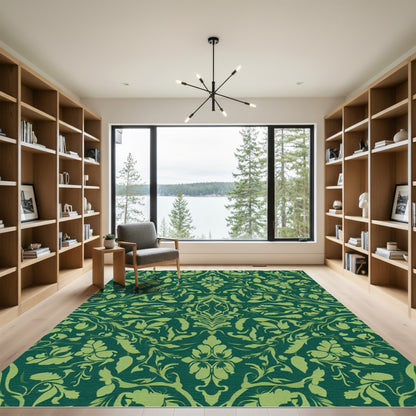 Deep Emerald Damask Floral Scroll Rug
