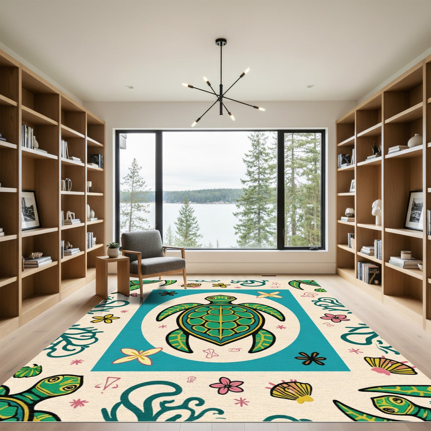 Green Sea Turtle Floral Coral Rug