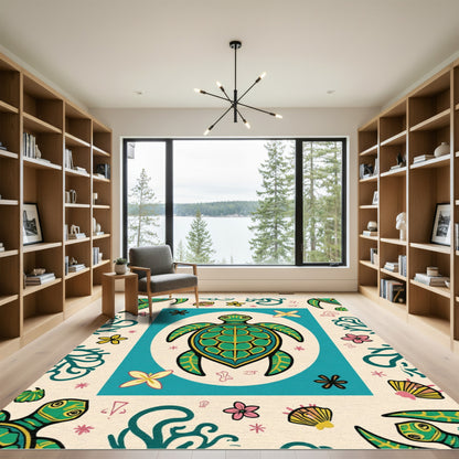 Green Sea Turtle Floral Coral Rug