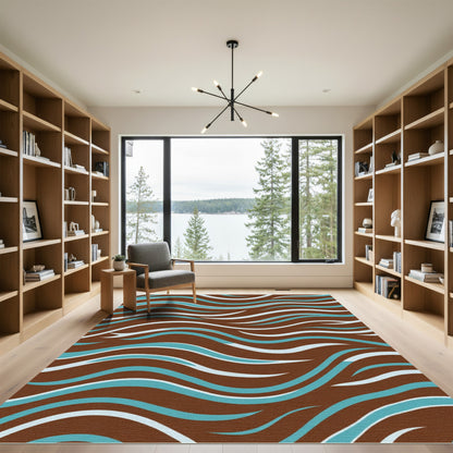 Brown Aqua White Flowing Waves Rug