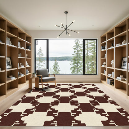 Cream And Brown Interlocking Geometric Rug