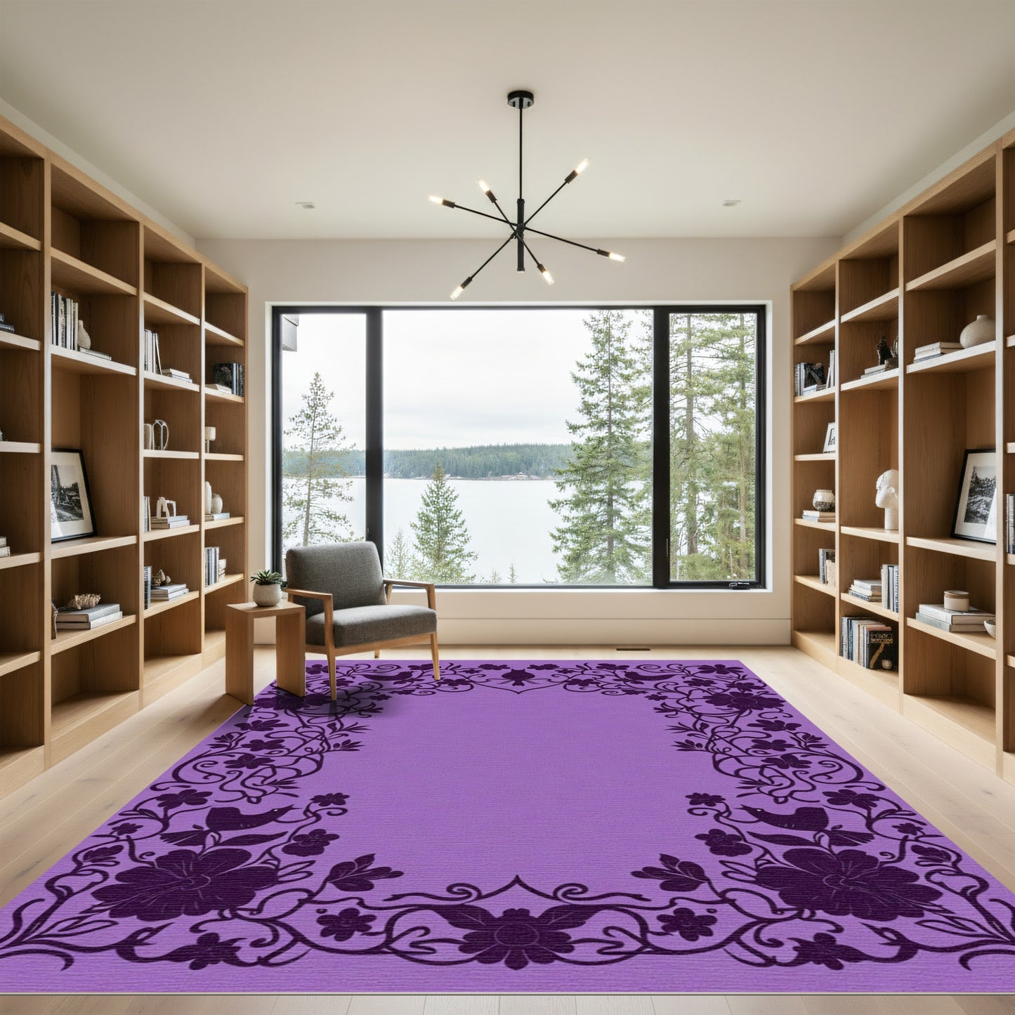 Purple Floral Bird Silhouette Border Rug