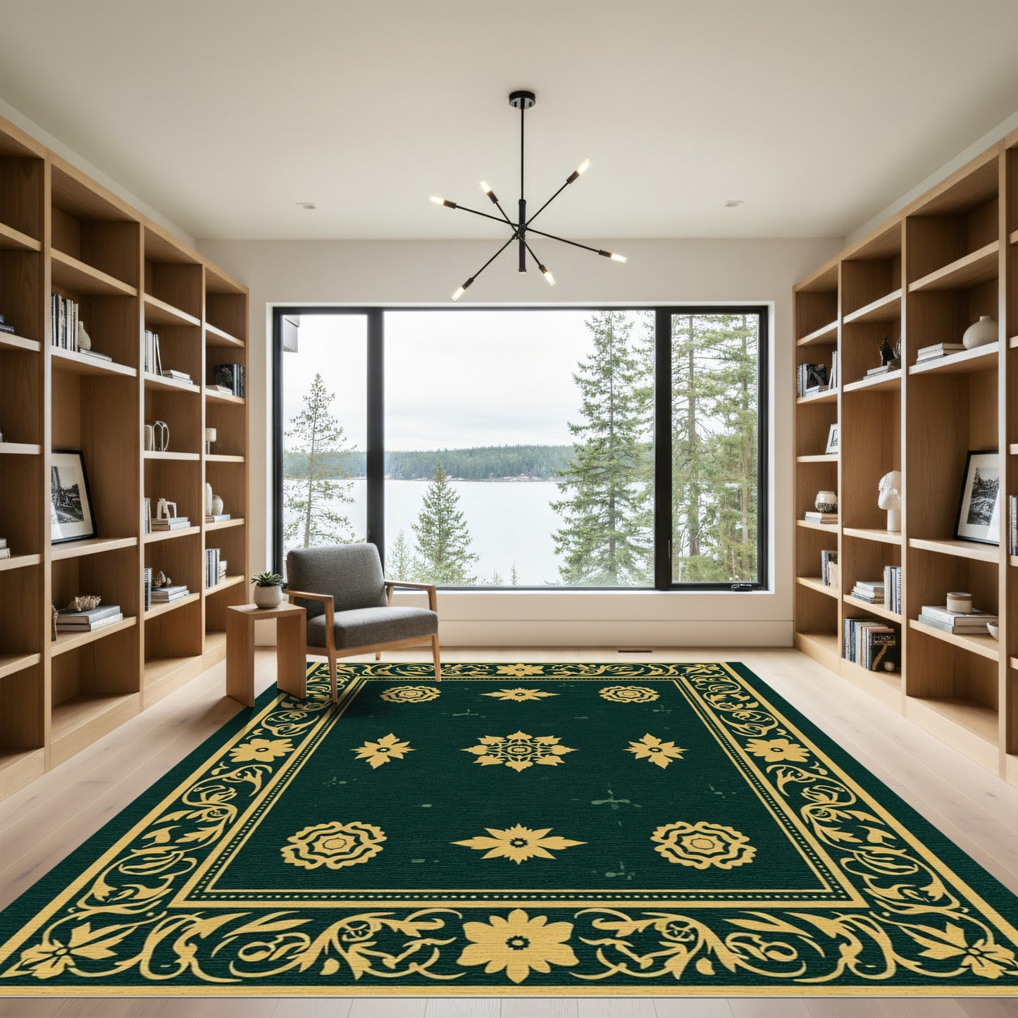 Deep Emerald Floral Medallion Border Rug