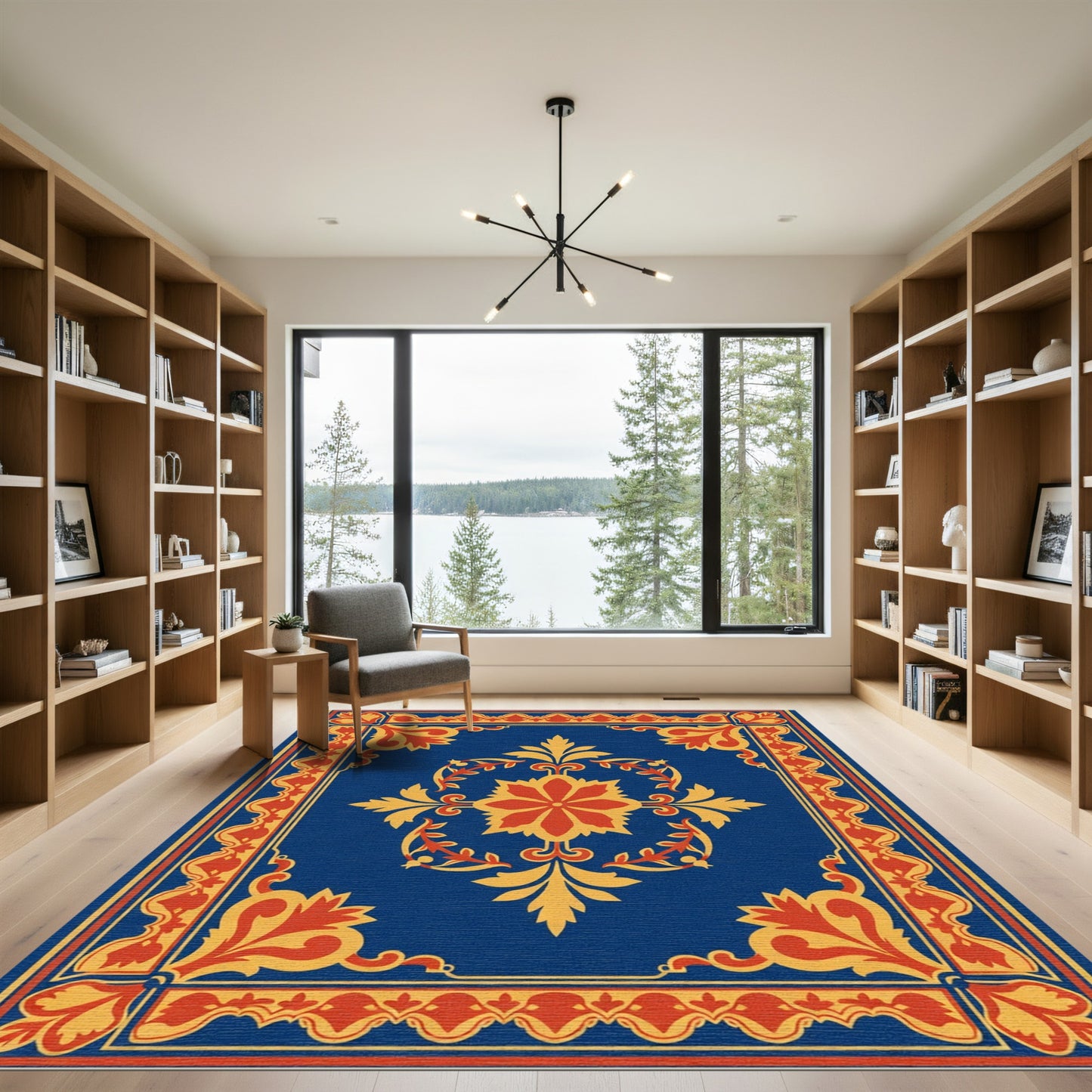 Deep Blue Red Golden Floral Medallion Rug
