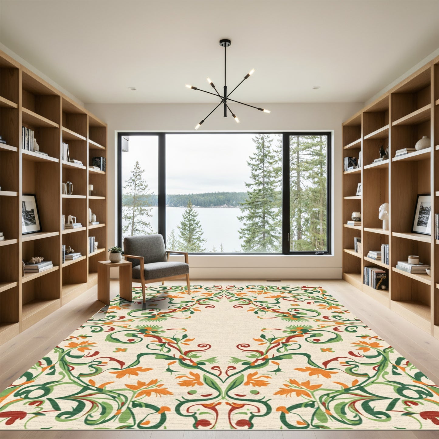 Terracotta Green Orange Floral Swirls Rug