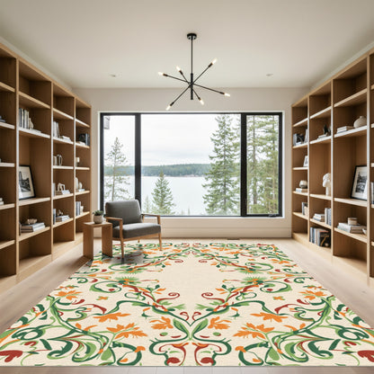 Terracotta Green Orange Floral Swirls Rug