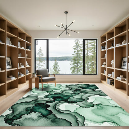 Deep Emerald Abstract Flowing Waves Rug