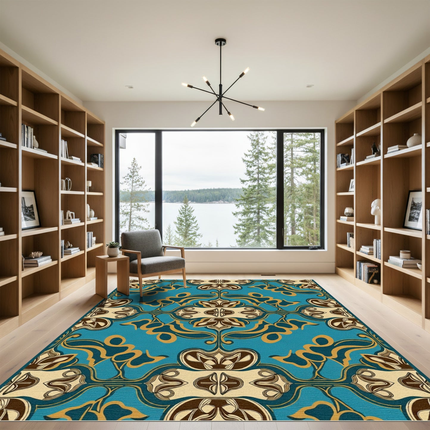 Turquoise Gold Brown Art Nouveau Floral Rug