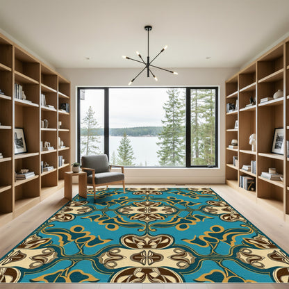 Turquoise Gold Brown Art Nouveau Floral Rug