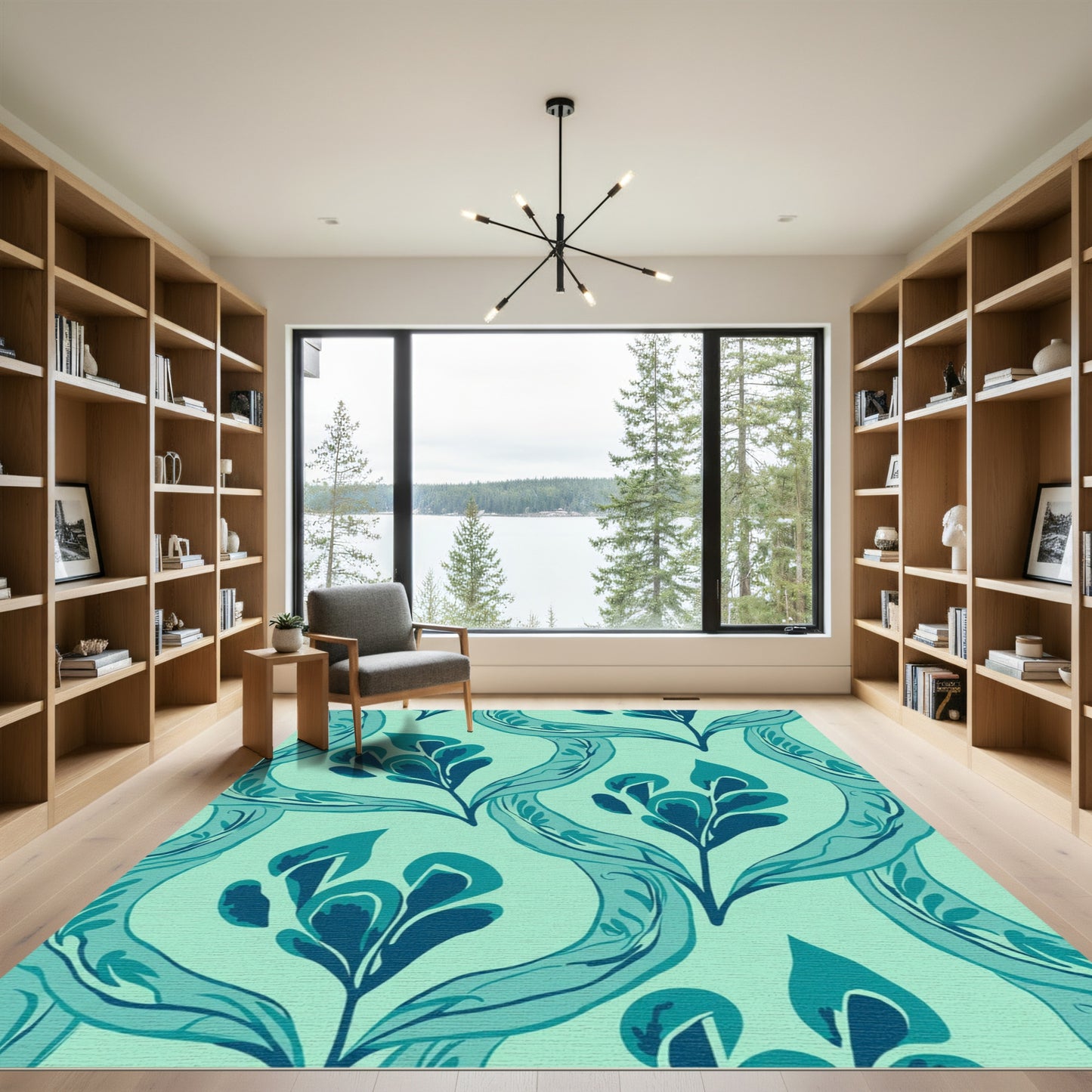 Aqua Teal Abstract Botanical Flow Rug