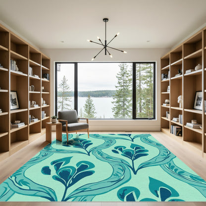 Aqua Teal Abstract Botanical Flow Rug