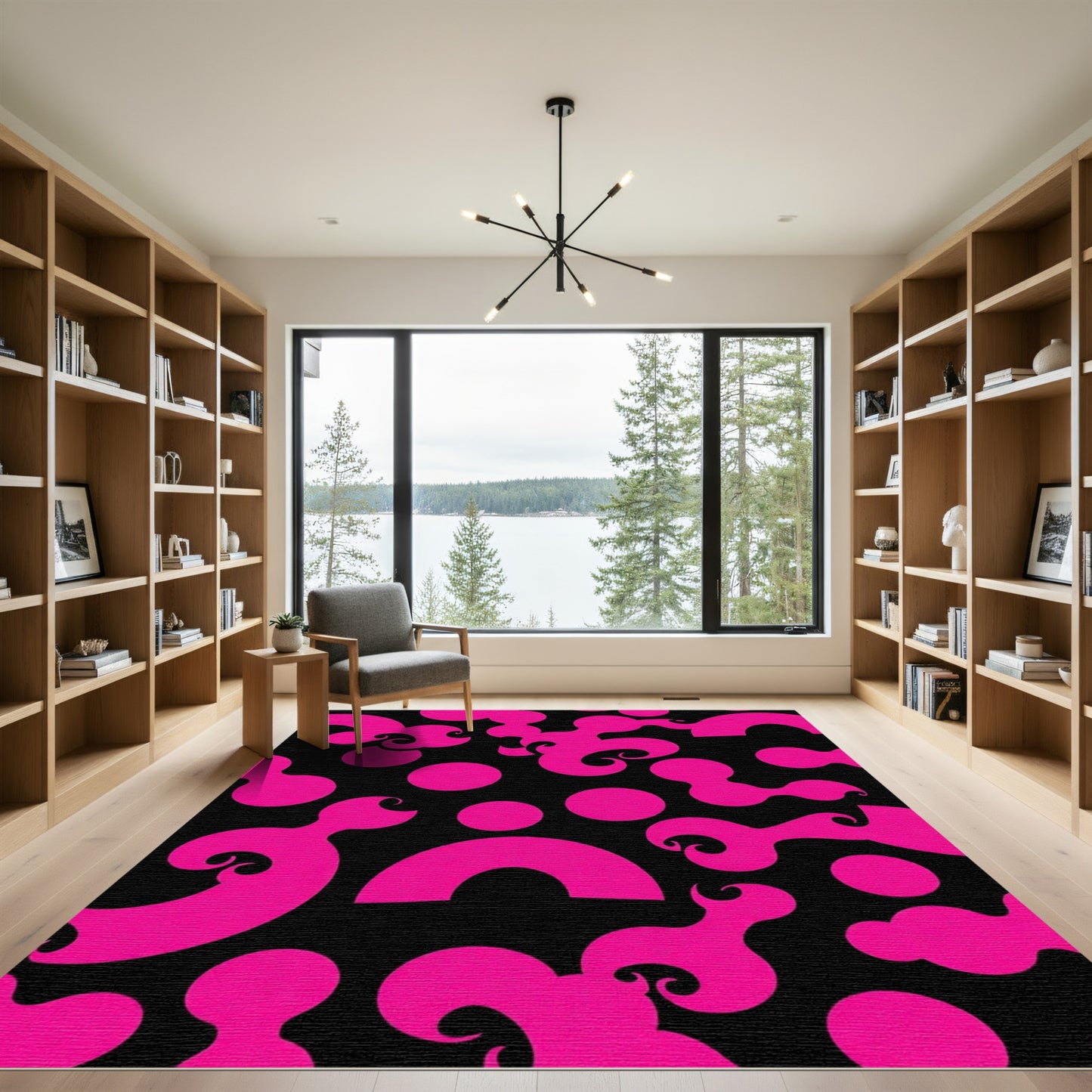 Bright Pink Amoeba Swirls Black Rug