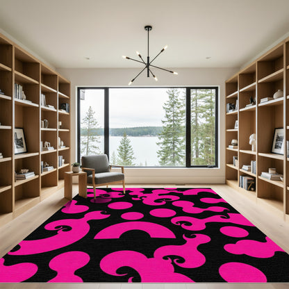 Bright Pink Amoeba Swirls Black Rug