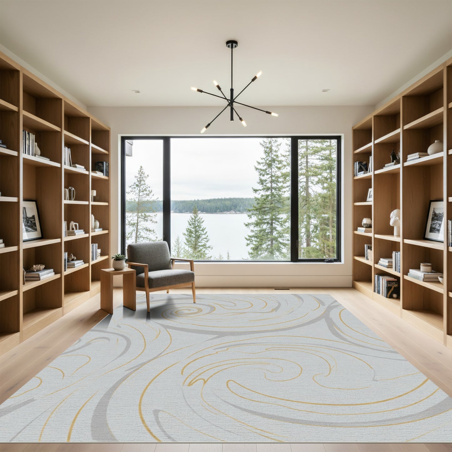 Soft Gray Swirls with Golden Lines Rug