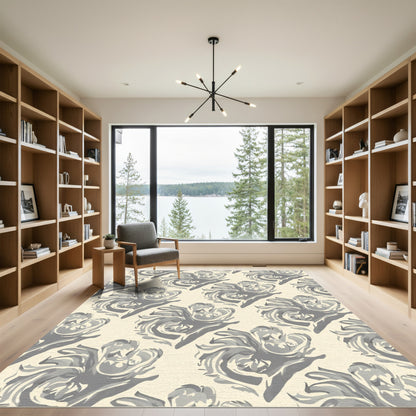 Cream Gray Swirling Floral Medallion Rug