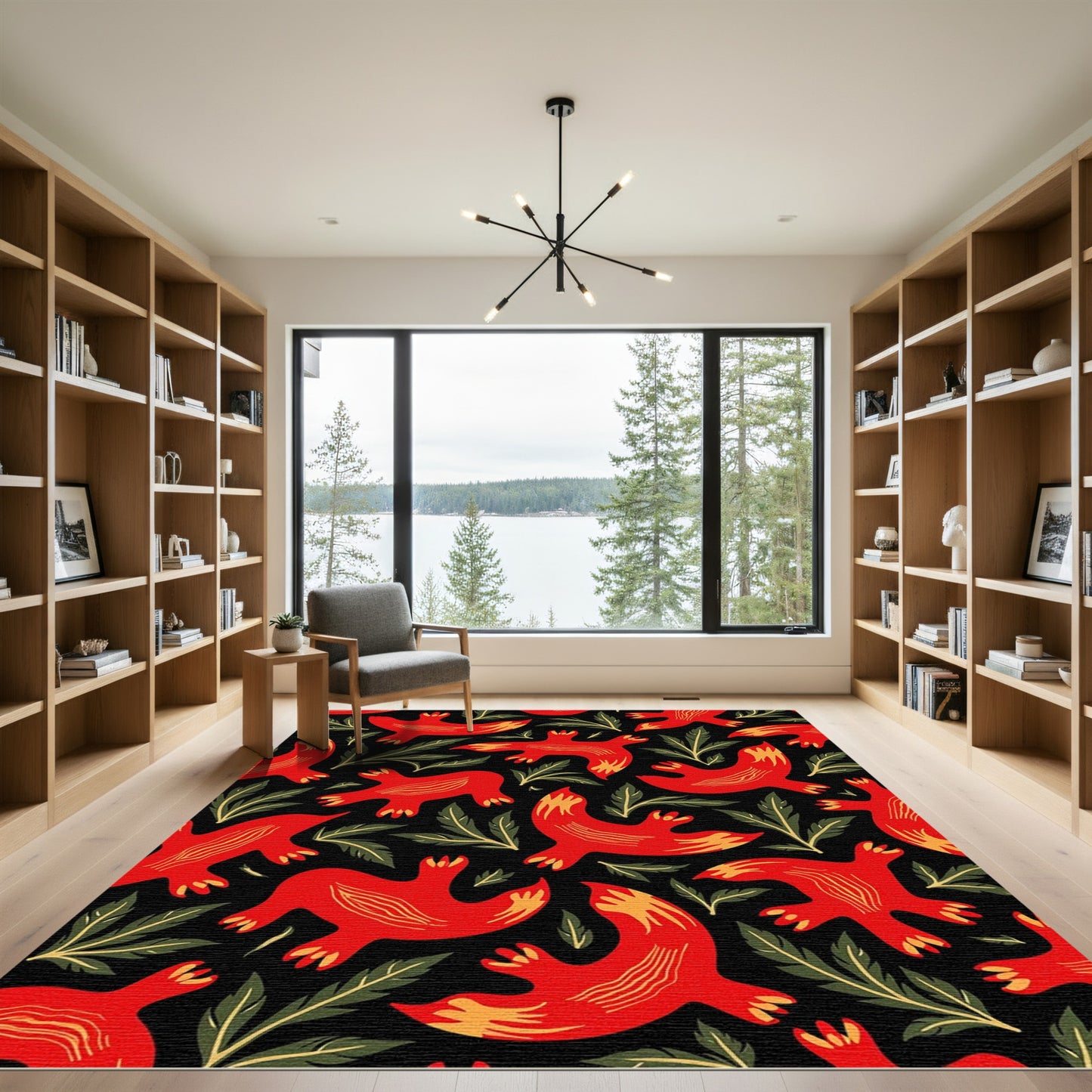Bold Red Bird Foliage Harmony Rug