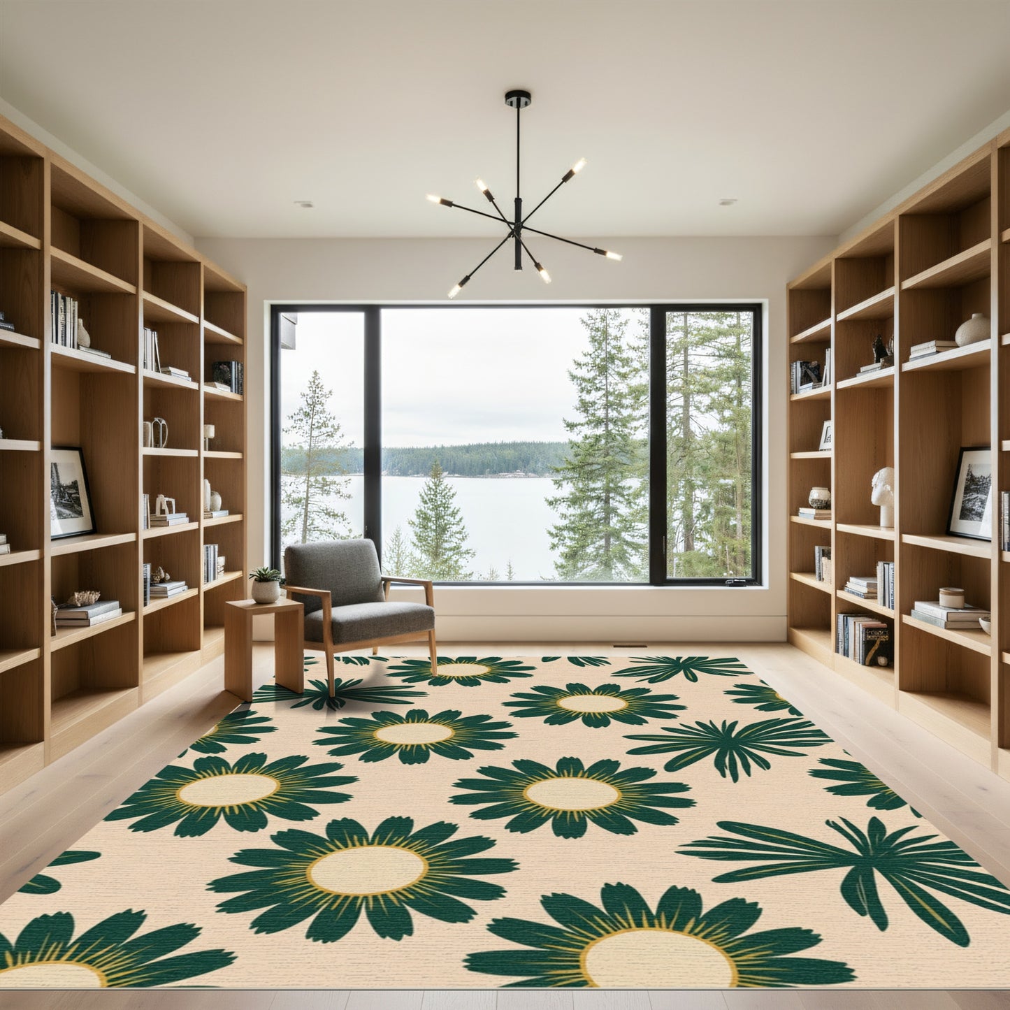 Deep Green Floral Mid Century Modern Rug
