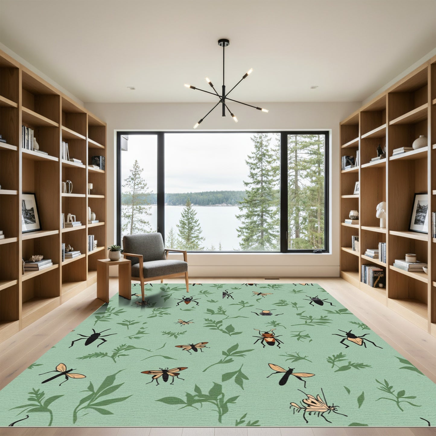 Green Insect And Leaf Scatter Pattern Rug