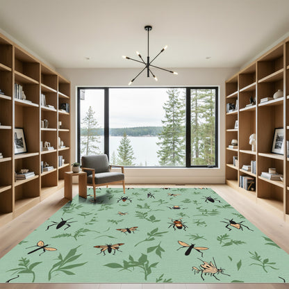 Green Insect And Leaf Scatter Pattern Rug