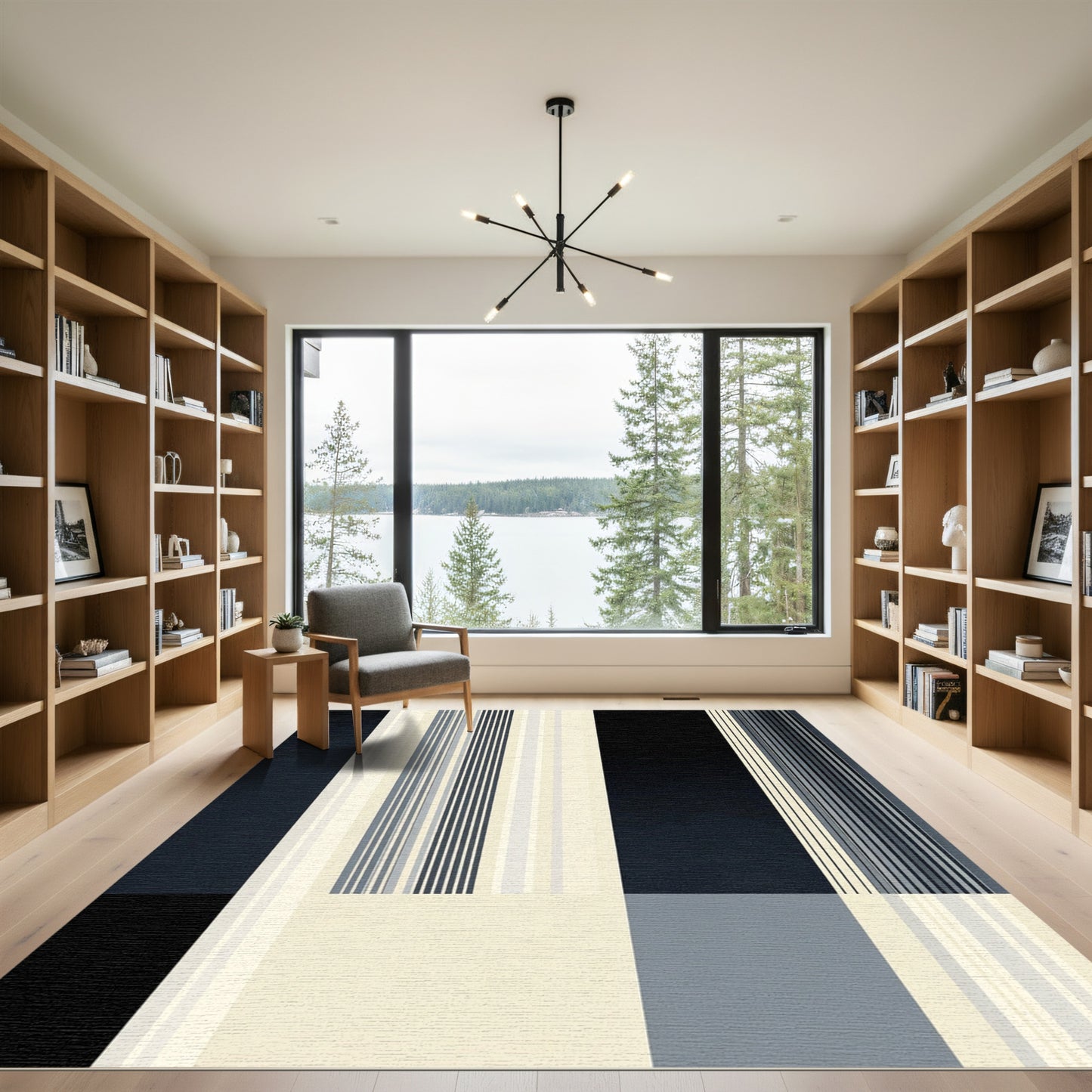 Modern Navy Cream Stripe Collage Rug