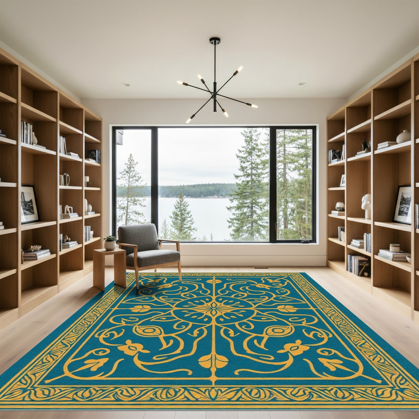 Teal and Gold Floral Mandala Rug