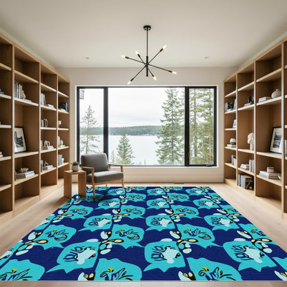 Abstract Blue Floral Branch Arrangement Rug