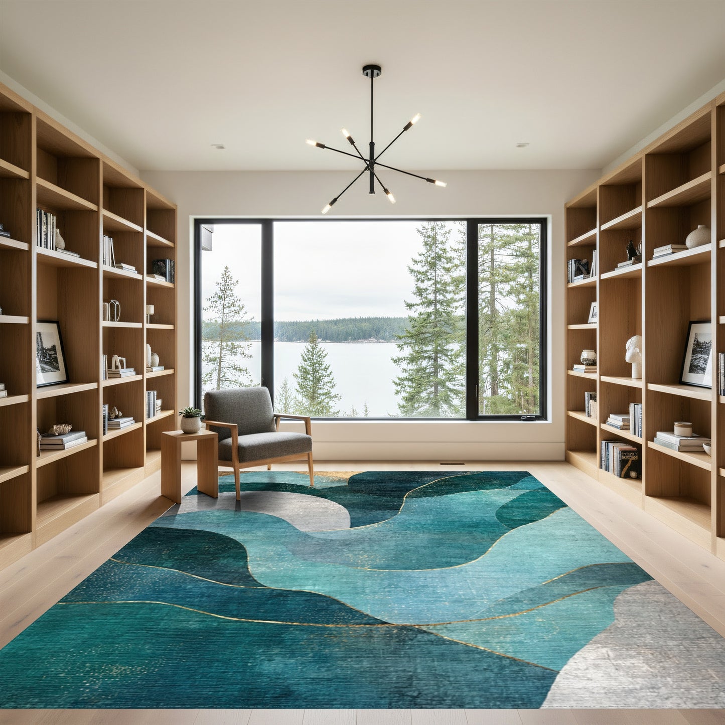 Teal Gold Fluid Wave Rug