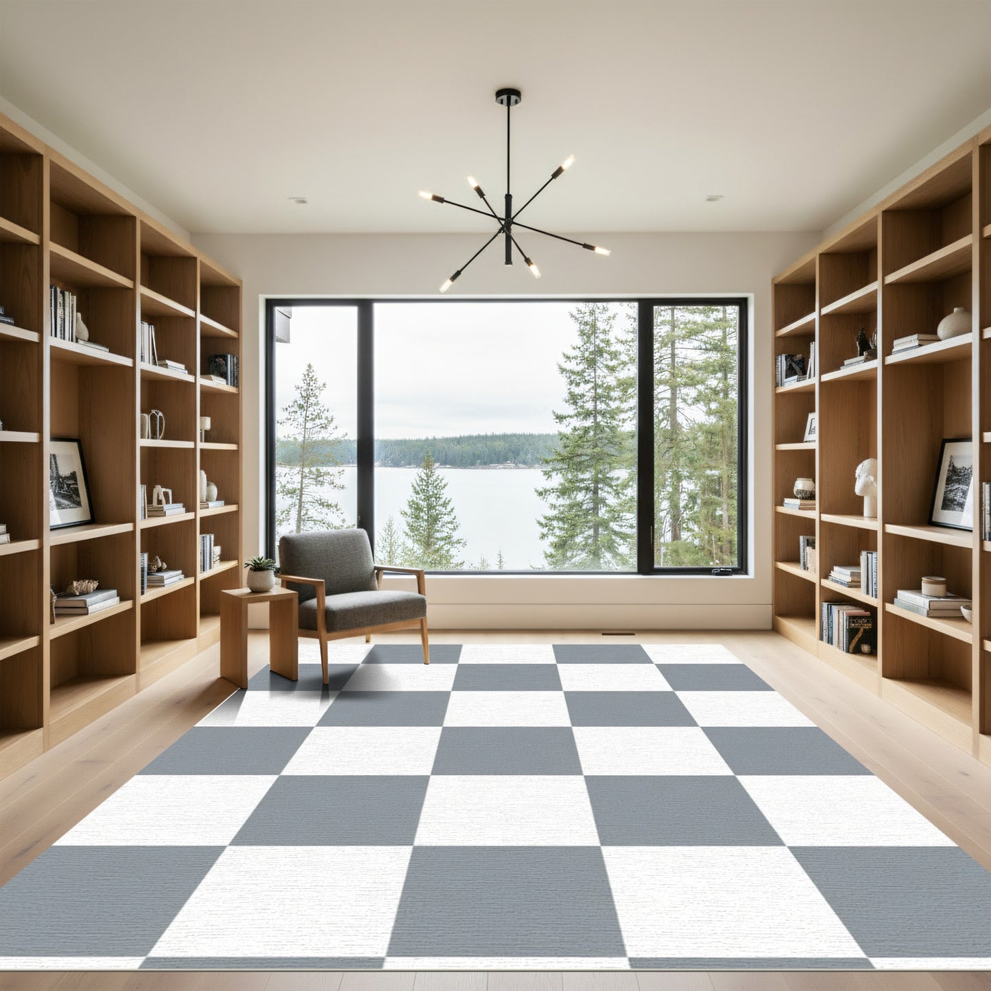 Gray White Checkerboard Grid Rug