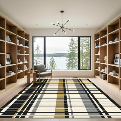 Modern Ecru Black Yellow Stripe Rug