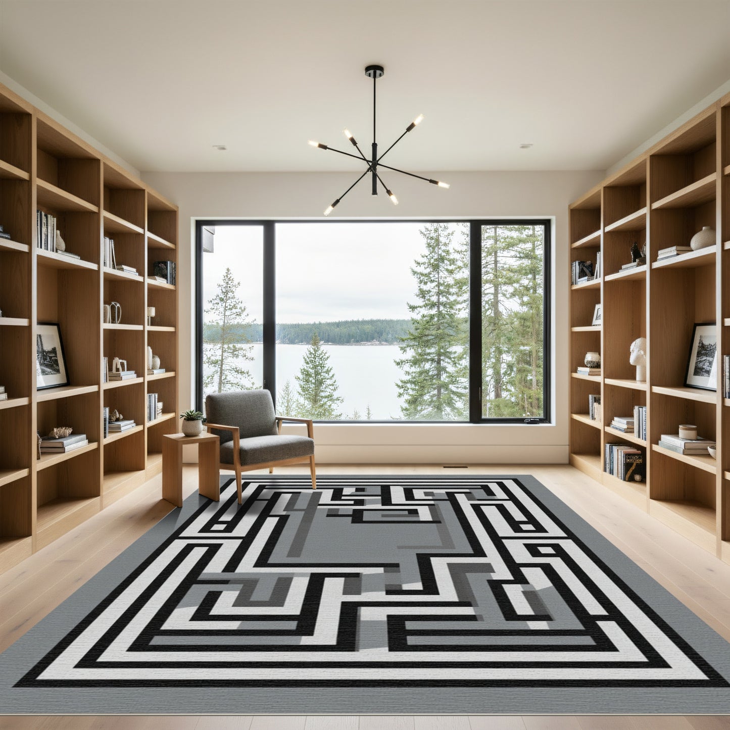 Geometric Maze Black White Gray Rug