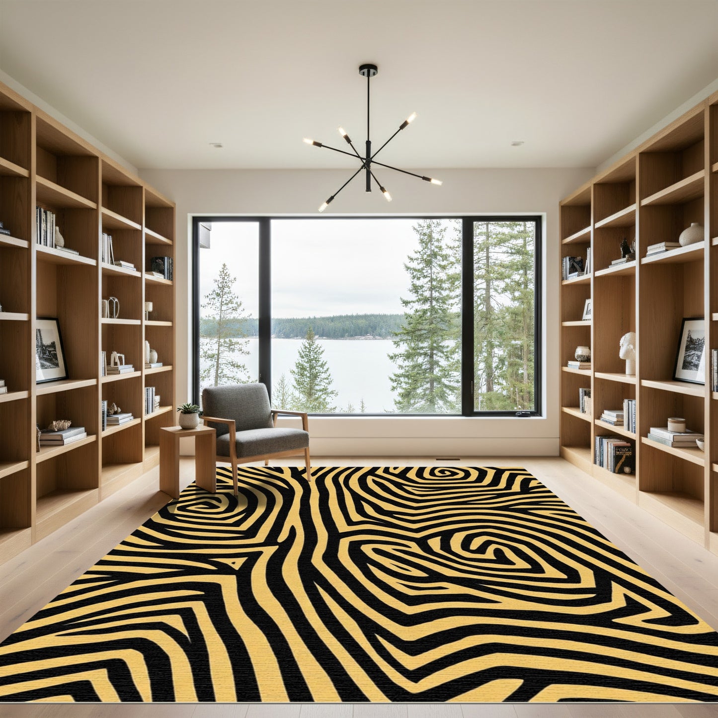 Golden Black Swirling Organic Lines Rug