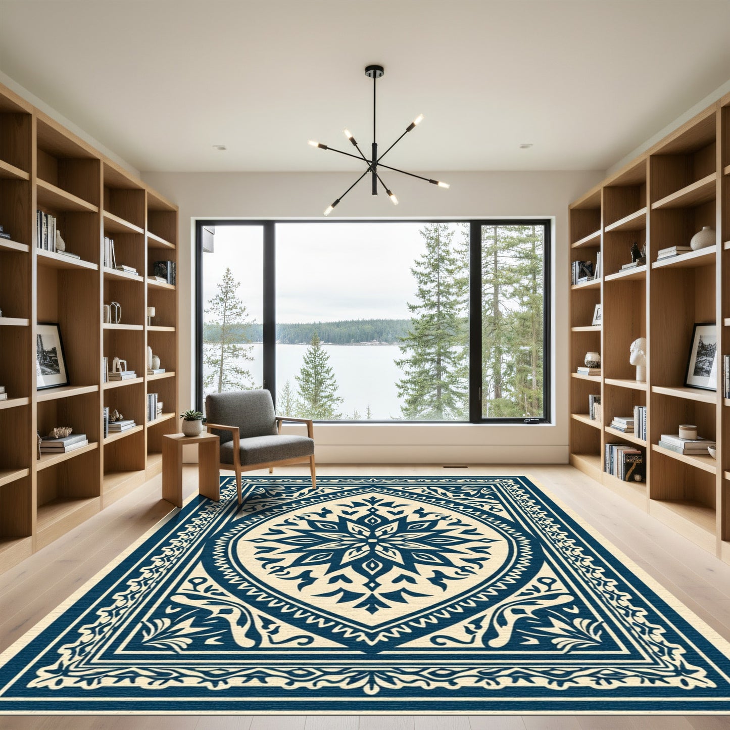 Navy Blue Floral Mandala Rug