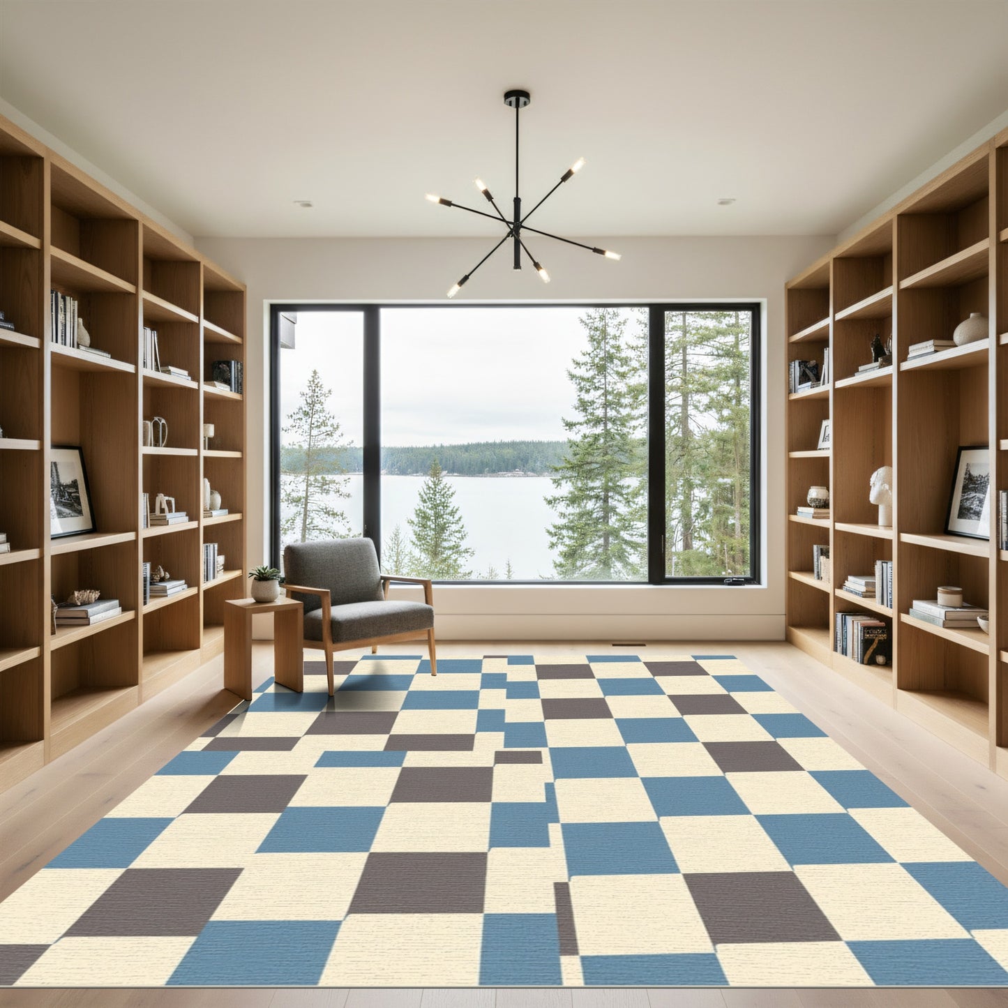 Shifting Blue Cream Gray Checkerboard Rug