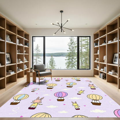 Whimsical Bunny Hot Air Balloon Clouds Rug