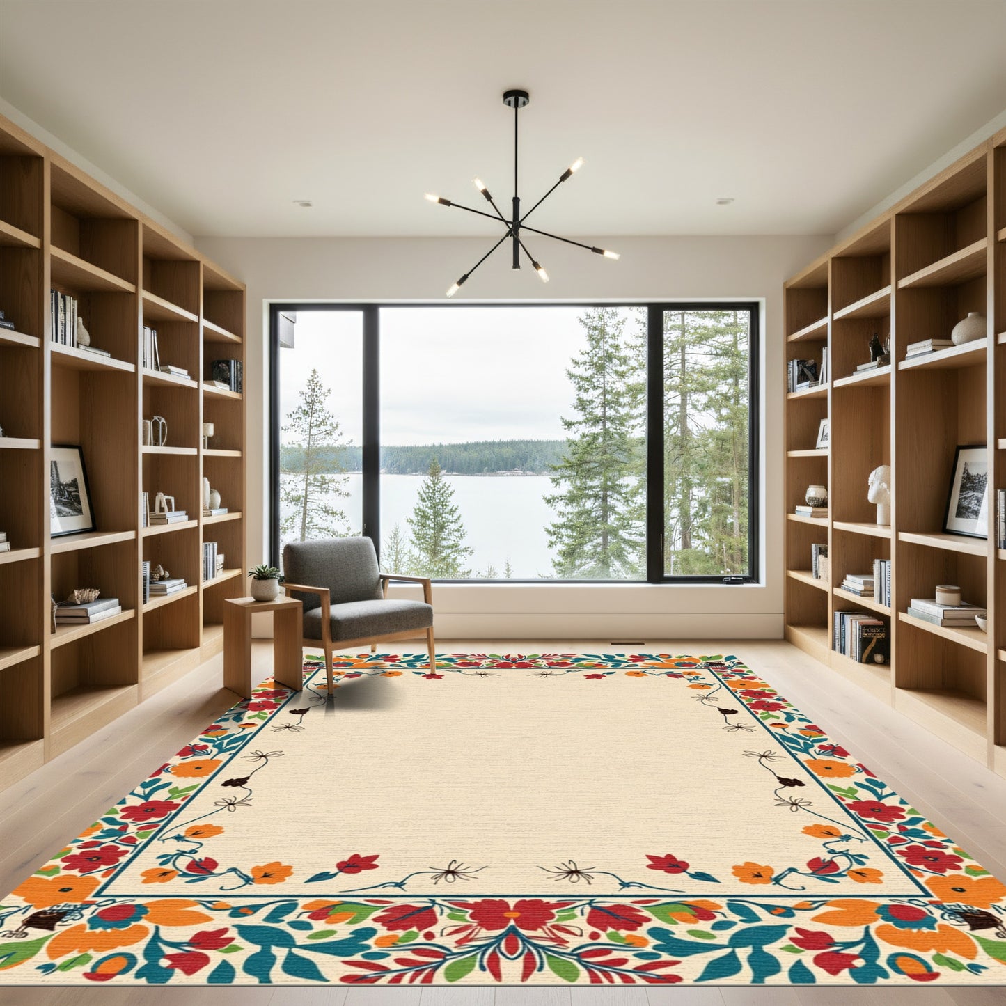 Bold Red Orange Floral Border Rug