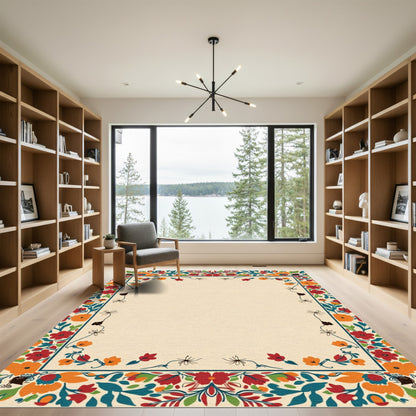Bold Red Orange Floral Border Rug