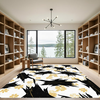 Black Golden Floral Abstract Shapes Rug