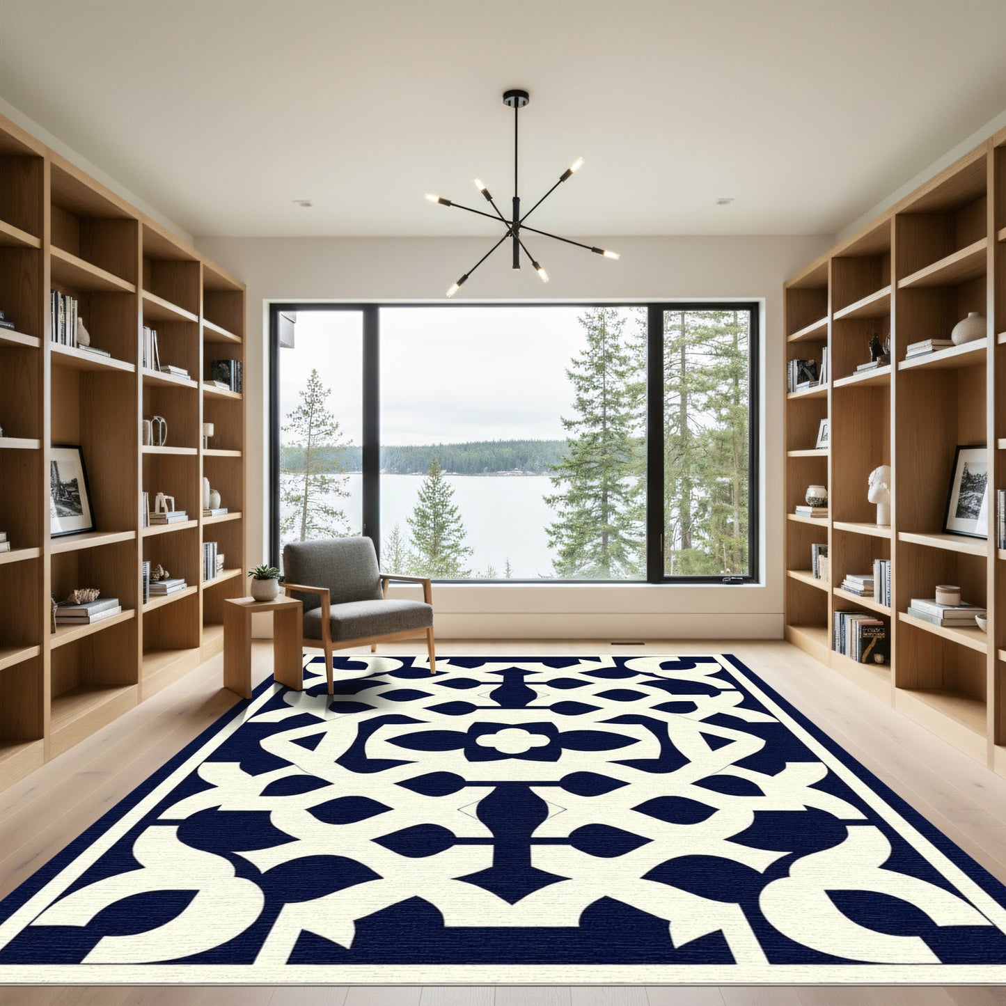 Navy Cream Intricate Geometric Lattice Rug