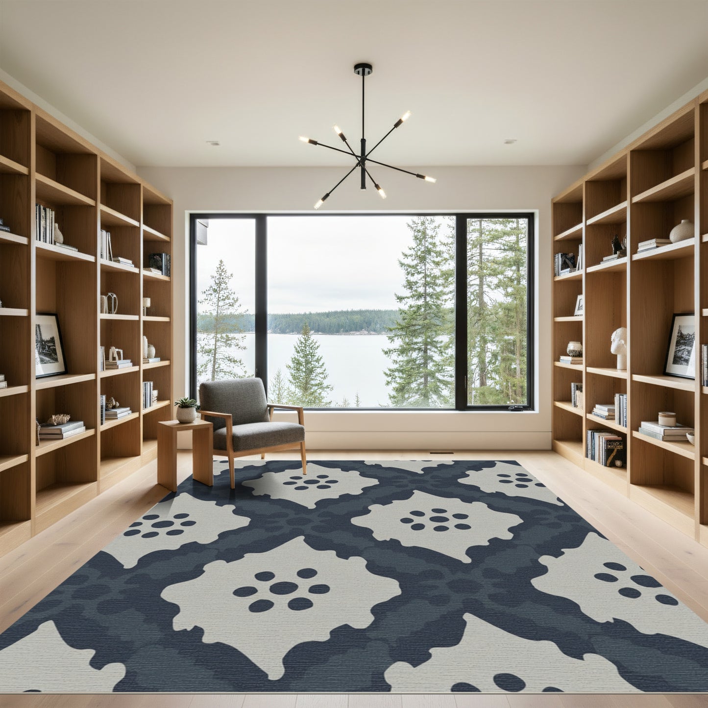 Dark Blue Gray Abstract Floral Diamond Rug