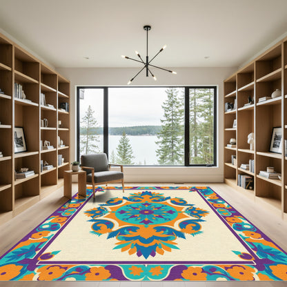 Vibrant floral medallion with purple border Rug
