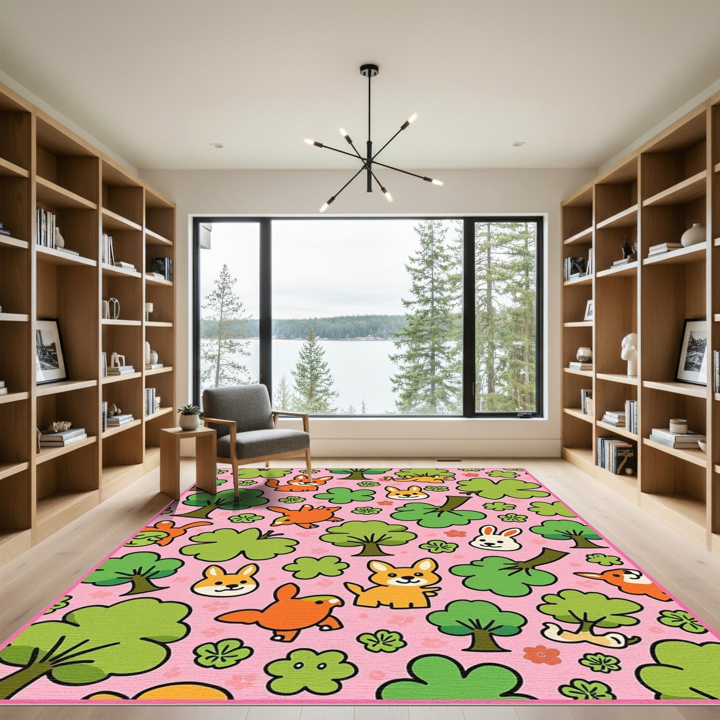 Cute Orange Fox and Bunny Forest Rug