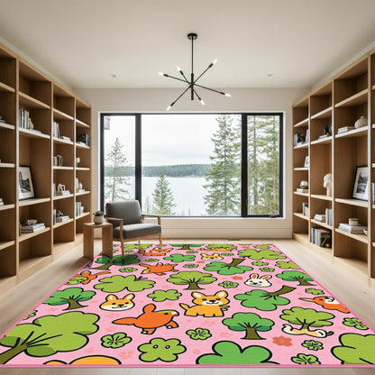 Cute Orange Fox and Bunny Forest Rug