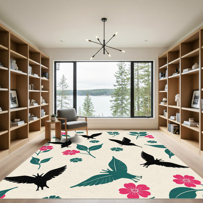 Black Hummingbird Pink Floral Leaves Rug