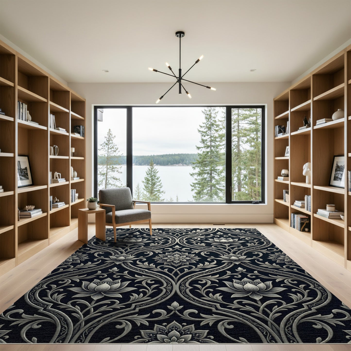 Ornate Black Lotus Scrollwork Rug