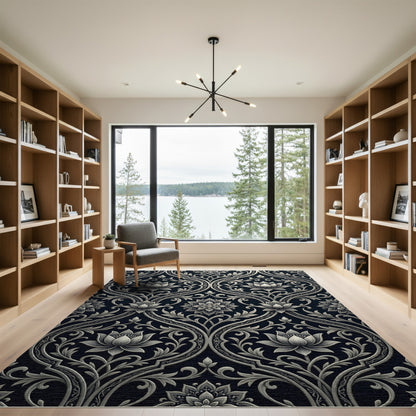 Ornate Black Lotus Scrollwork Rug