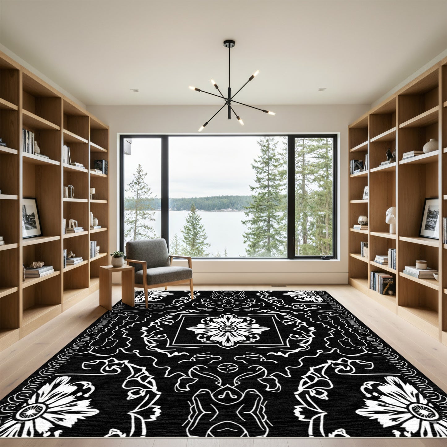 Bold Black White Floral Medallion Intricate Rug