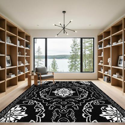 Bold Black White Floral Medallion Intricate Rug