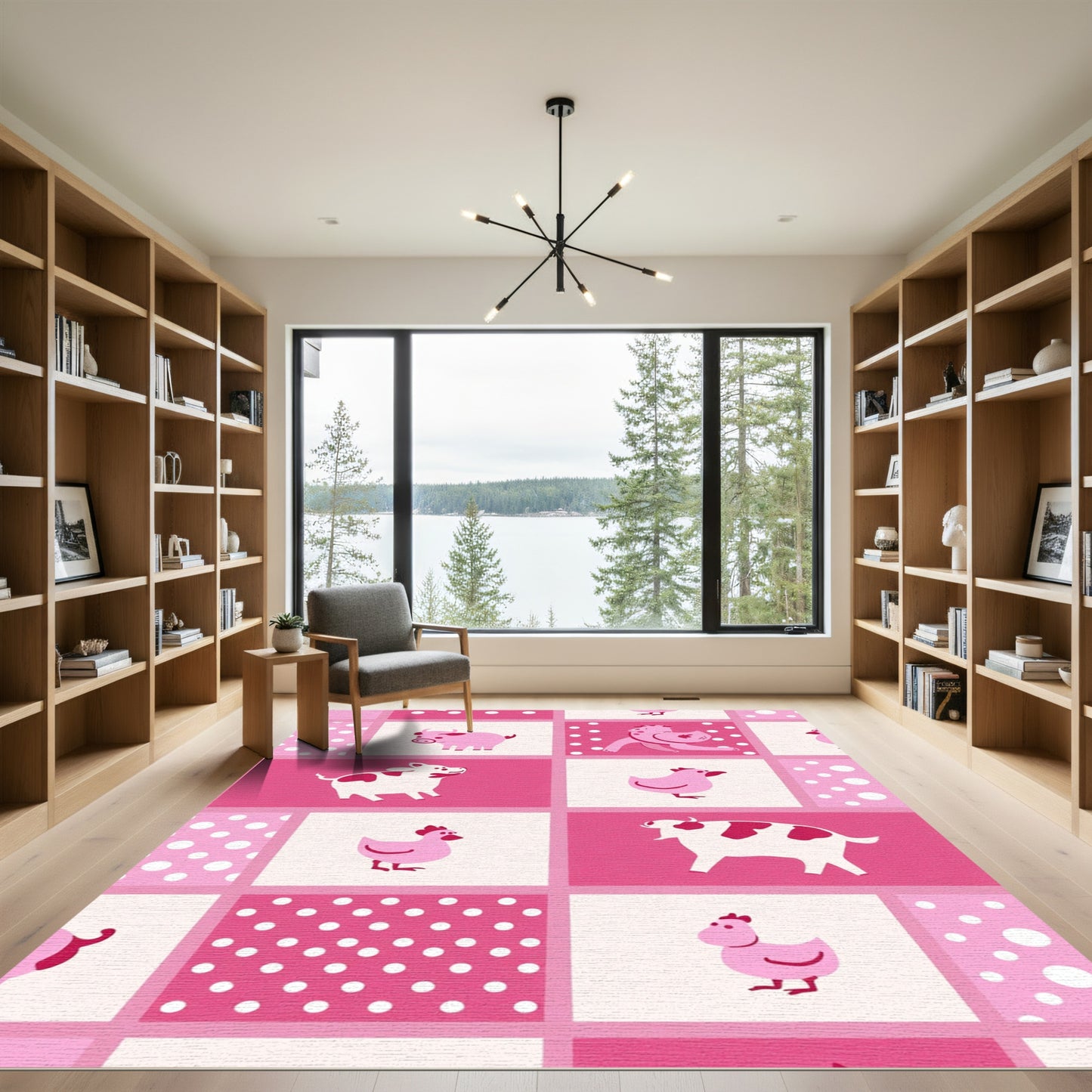 Pink Farm Animals Polka Dot Squares Rug